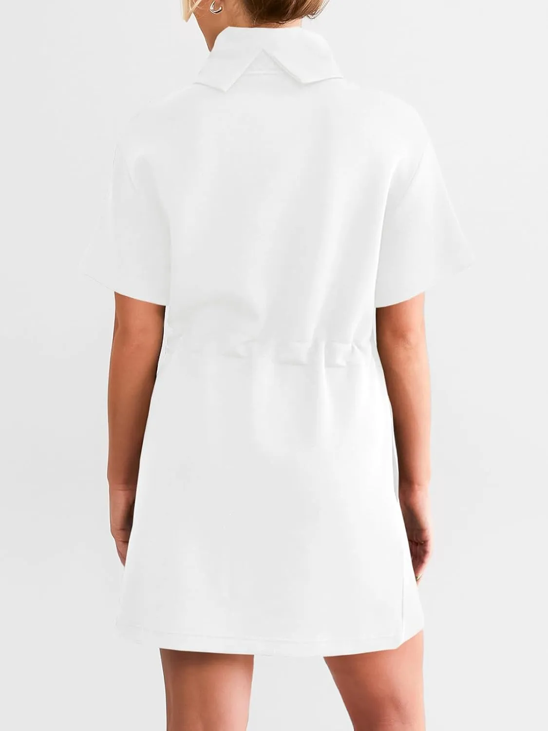 Wenrine Womens Sweatshirt Dress Drawstring Waist Short Sleeve High Neck Casual Mini Dress with Pockets