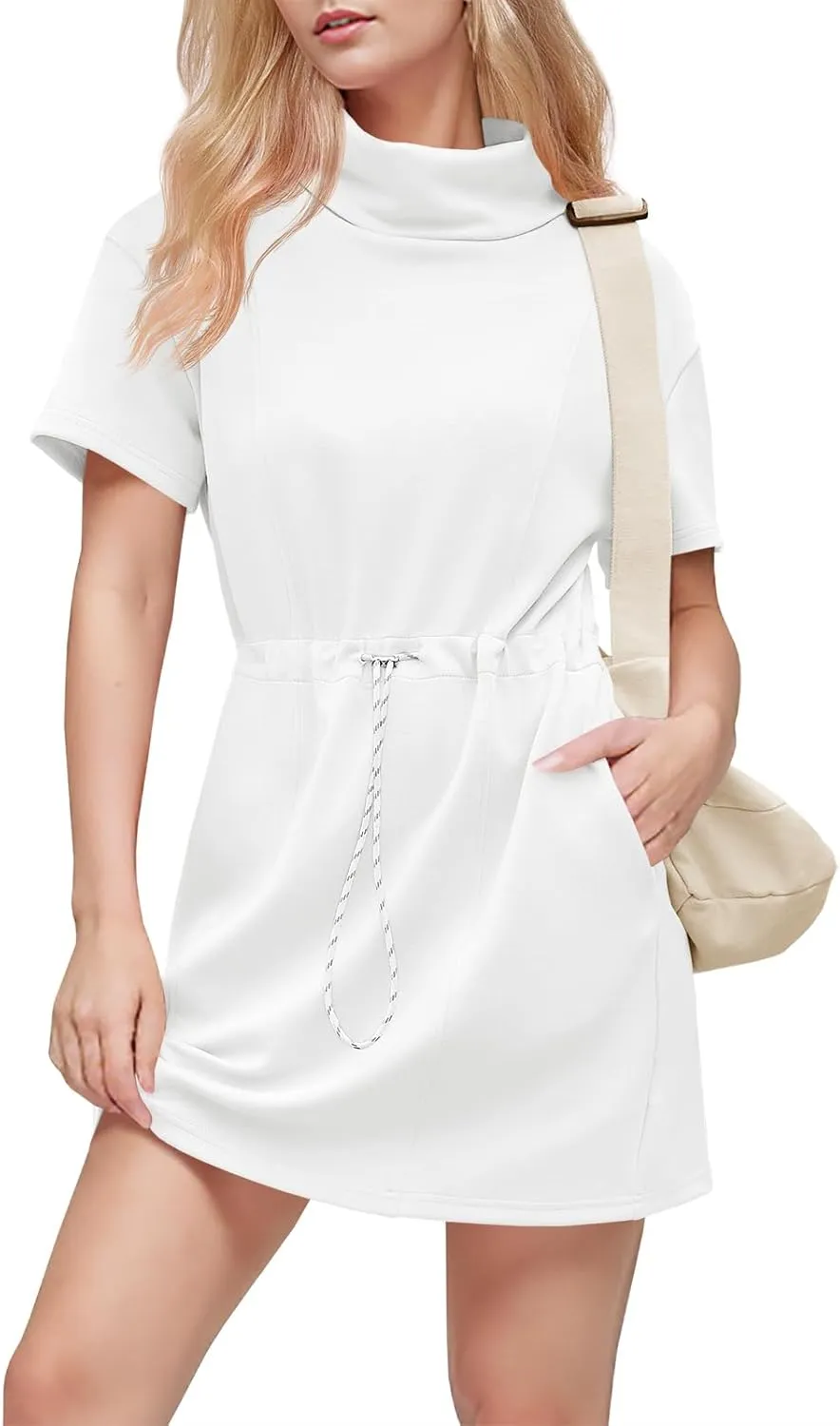 Wenrine Womens Sweatshirt Dress Drawstring Waist Short Sleeve High Neck Casual Mini Dress with Pockets