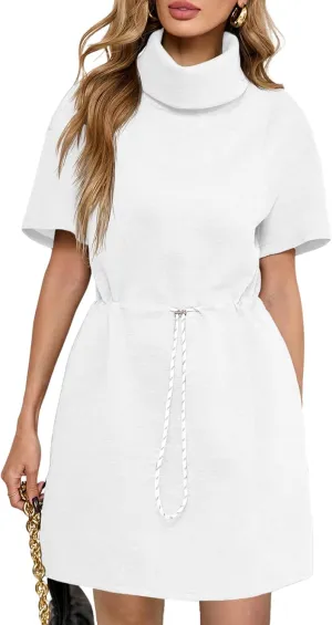 Wenrine Womens Sweatshirt Dress Drawstring Waist Short Sleeve High Neck Casual Mini Dress with Pockets