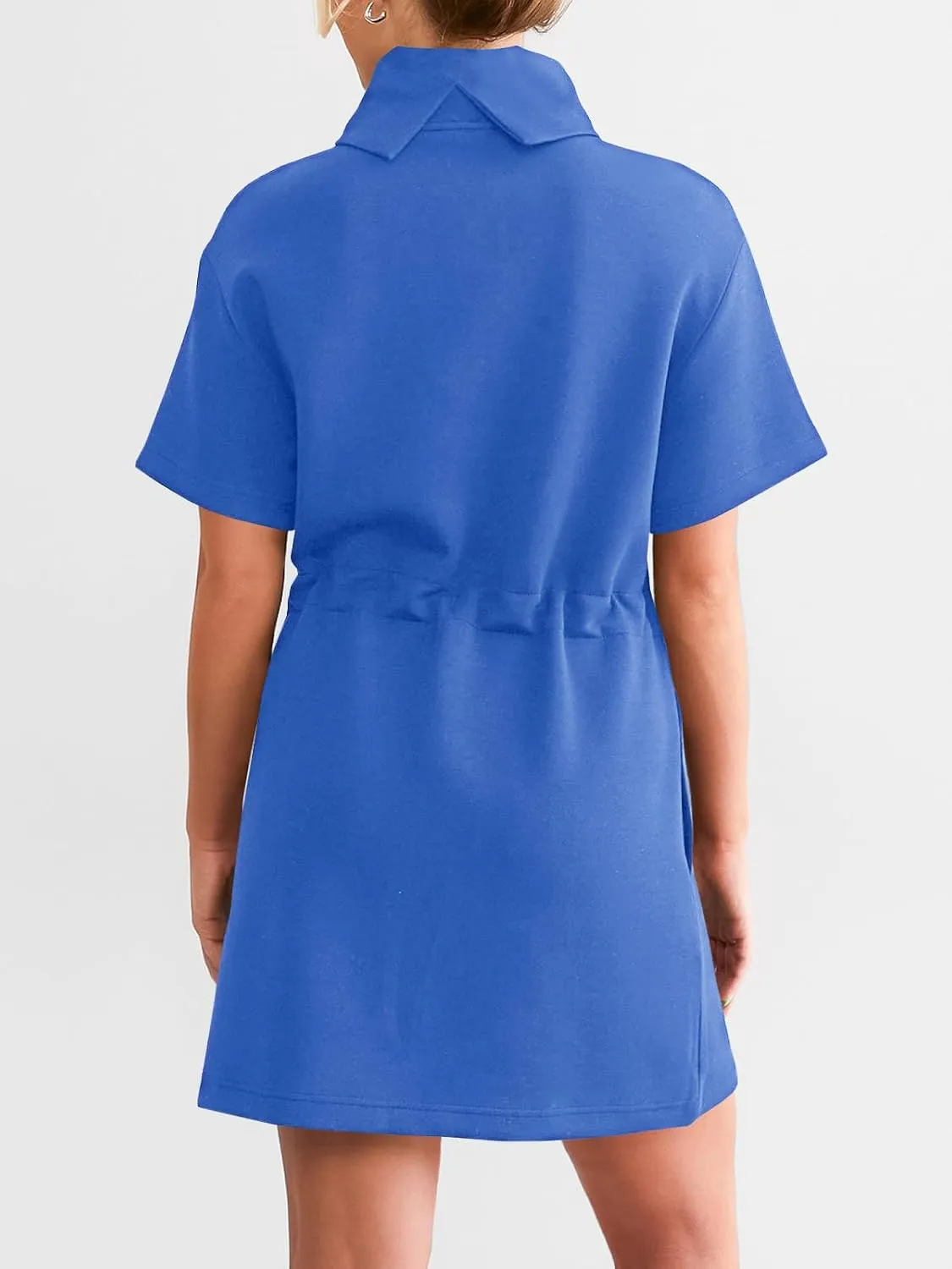 Wenrine Womens Sweatshirt Dress Drawstring Waist Short Sleeve High Neck Casual Mini Dress with Pockets