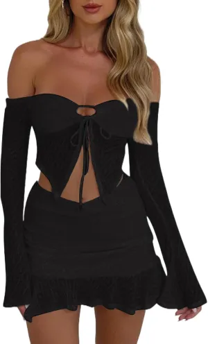 Women 2 Piece Bodycon Mini Skirt Set Long Sleeve Tie Up Floral Lace Corset Crop Top Wrapped Mini Skirt Set