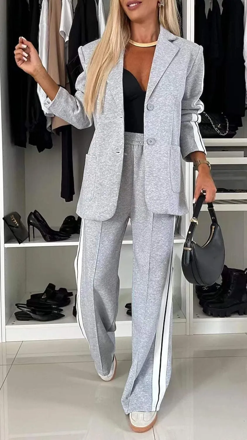 Women 2 Piece Business Outfits Sets Striped Print Blazer Jacket and Wide Leg Pants Work Casual Office Suit Sets