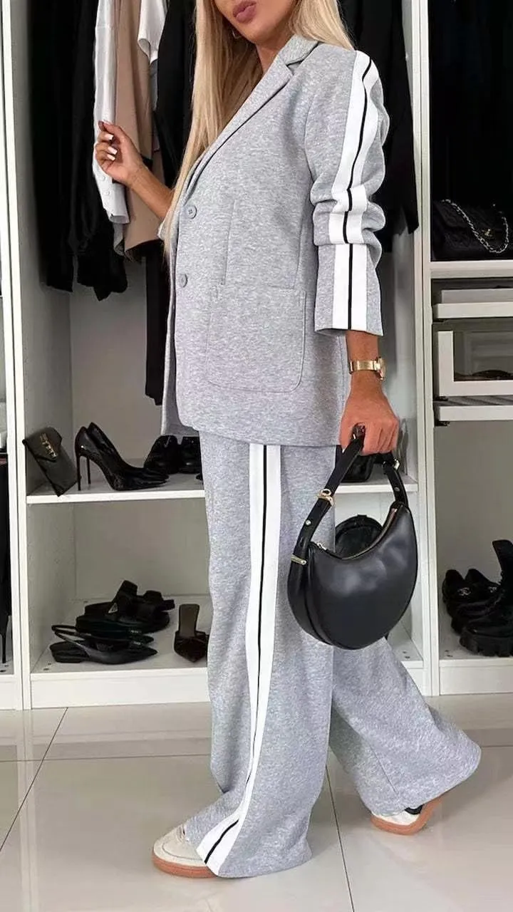 Women 2 Piece Business Outfits Sets Striped Print Blazer Jacket and Wide Leg Pants Work Casual Office Suit Sets
