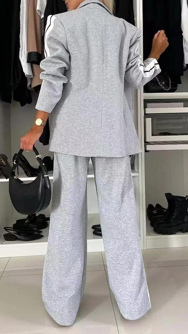 Women 2 Piece Business Outfits Sets Striped Print Blazer Jacket and Wide Leg Pants Work Casual Office Suit Sets