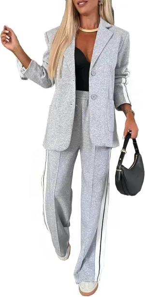 Women 2 Piece Business Outfits Sets Striped Print Blazer Jacket and Wide Leg Pants Work Casual Office Suit Sets