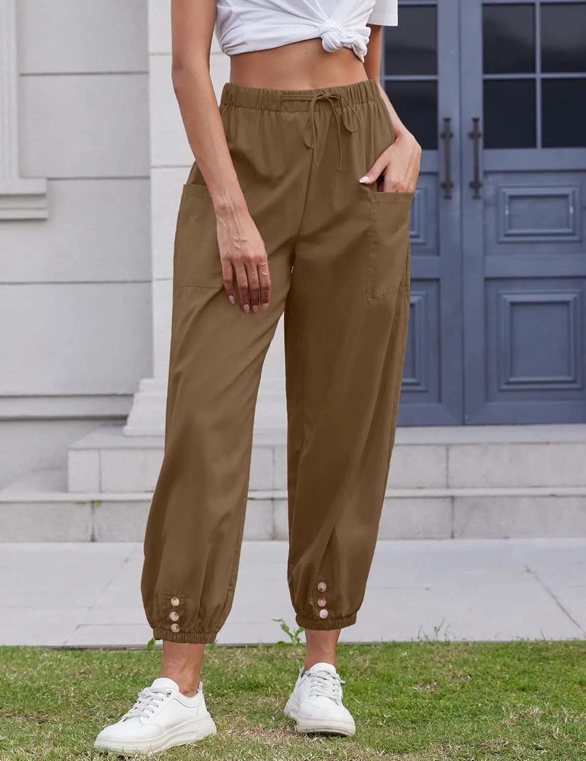 Women Capri Pants Lounge Drawstring High Elastic Waist Wide Leg Quick Dry Pants Cinch Bottom Trousers