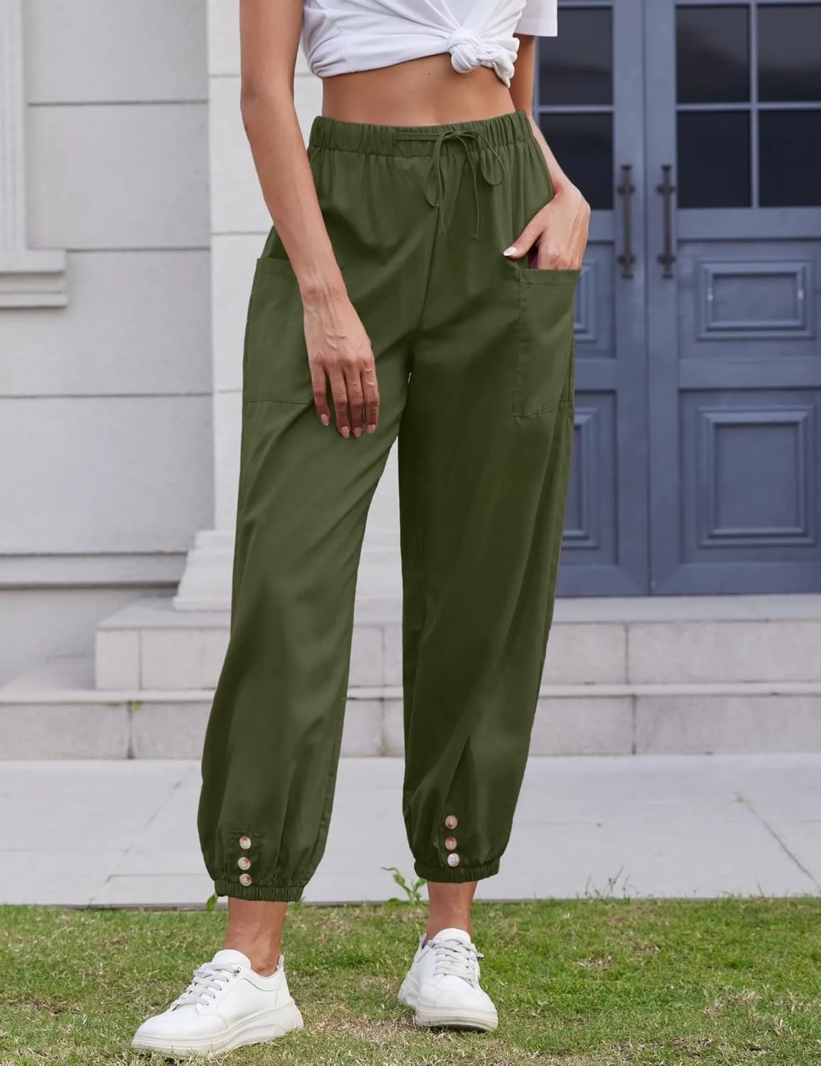 Women Capri Pants Lounge Drawstring High Elastic Waist Wide Leg Quick Dry Pants Cinch Bottom Trousers