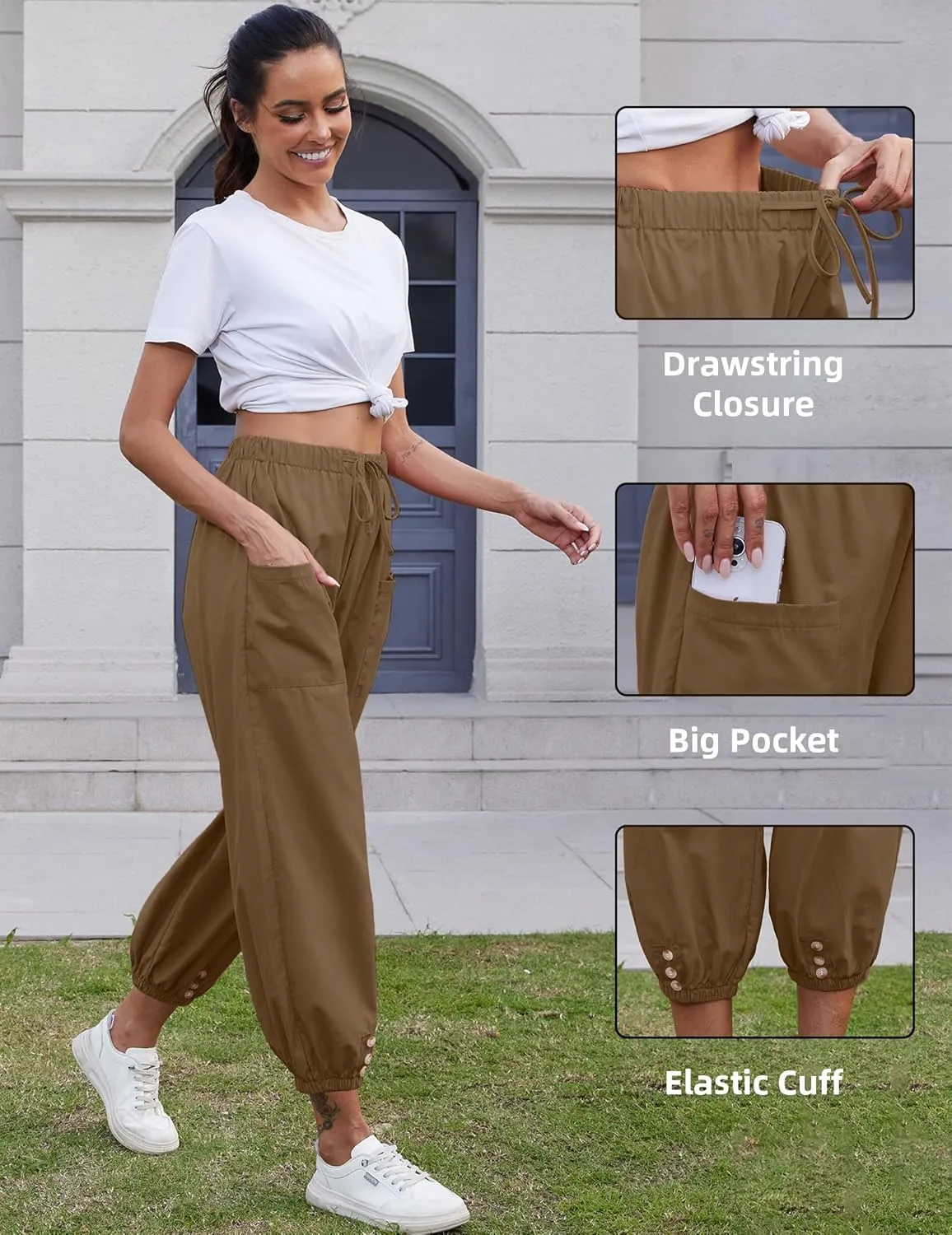 Women Capri Pants Lounge Drawstring High Elastic Waist Wide Leg Quick Dry Pants Cinch Bottom Trousers