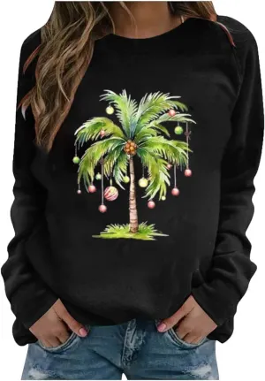 Women Christmas Palm Tree Sweatshirt Funny Hawaiian Beach Tropical Xmas Long Sleeve Pullover Cute Snowflake Shirt Top