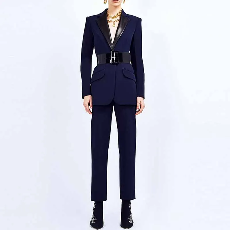 Women Dark Blue Pant Suits 2 Piece Fashion Suits with Belt Blazer Pant Formal Suits
