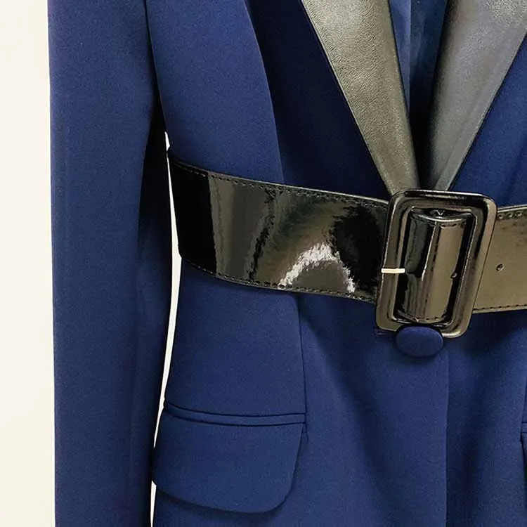 Women Dark Blue Pant Suits 2 Piece Fashion Suits with Belt Blazer Pant Formal Suits