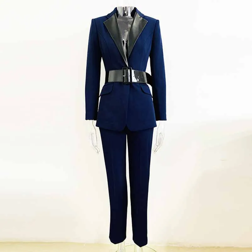 Women Dark Blue Pant Suits 2 Piece Fashion Suits with Belt Blazer Pant Formal Suits