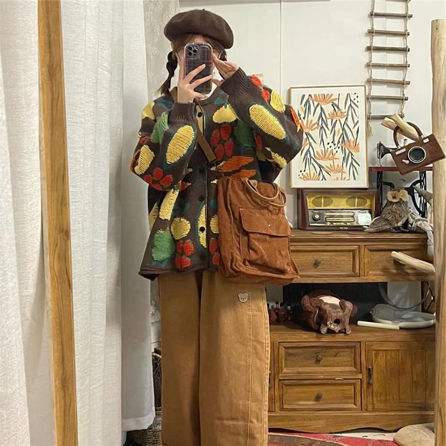 Women Flower Fruit Embroidery Sweater Button Down Oversized Cardigan Knitted Long Sleeve Winter Top Knitwear