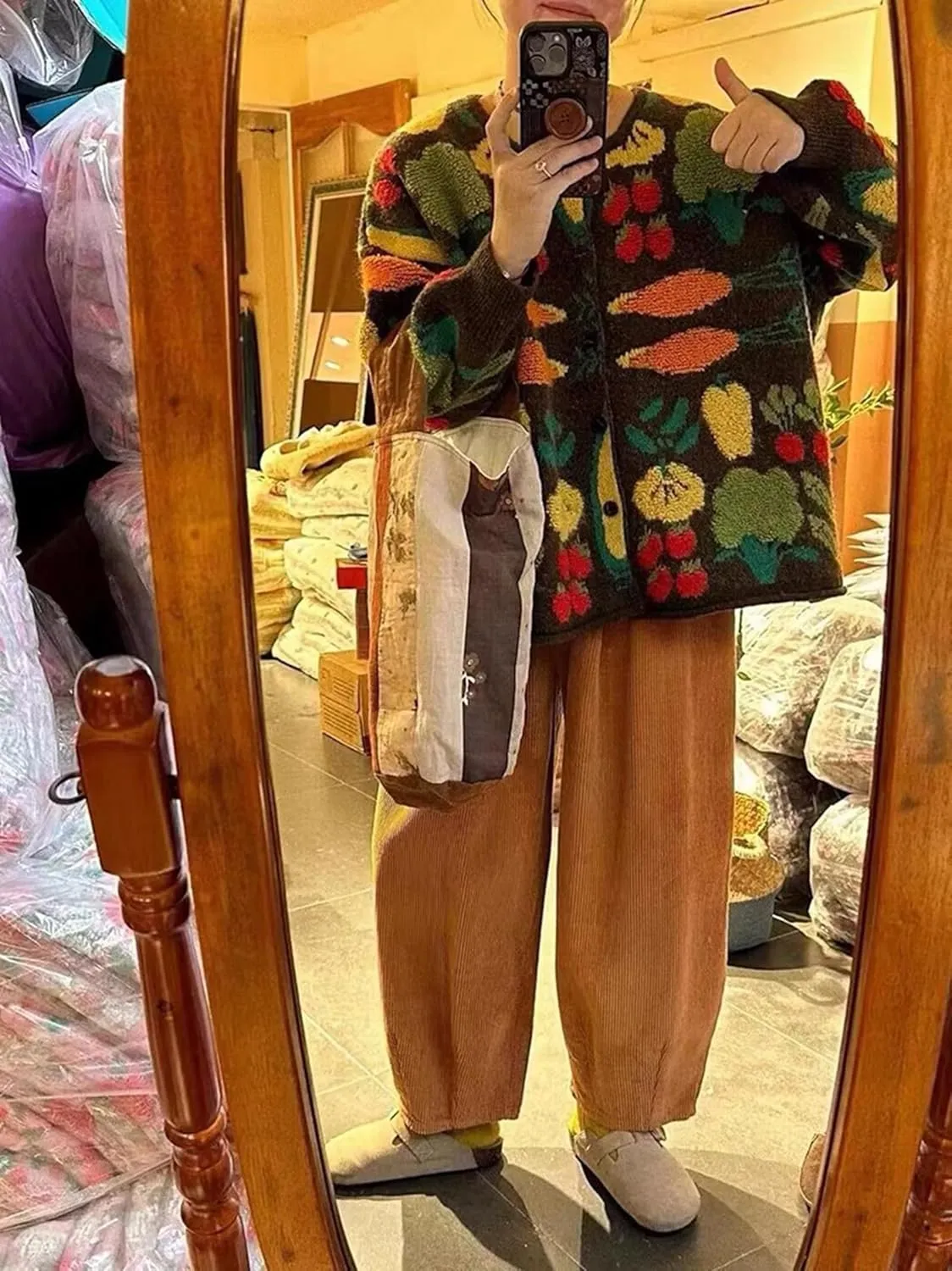 Women Flower Fruit Embroidery Sweater Button Down Oversized Cardigan Knitted Long Sleeve Winter Top Knitwear
