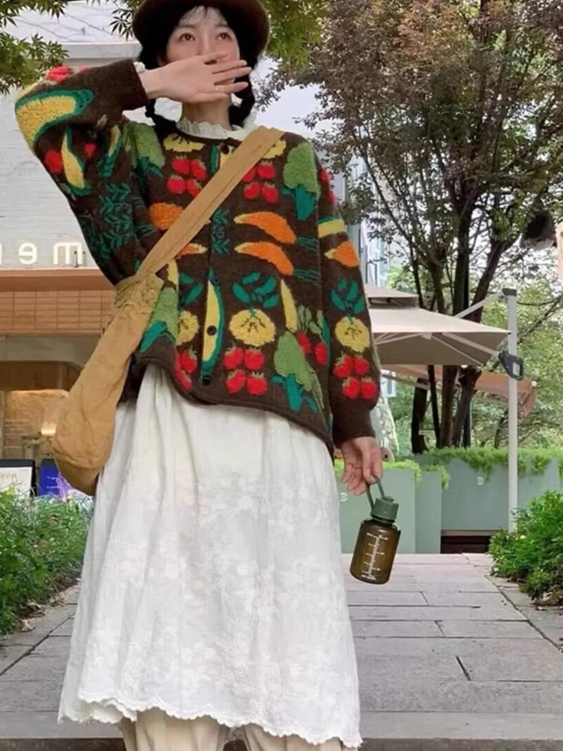 Women Flower Fruit Embroidery Sweater Button Down Oversized Cardigan Knitted Long Sleeve Winter Top Knitwear