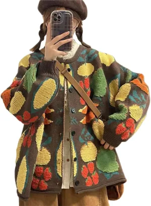 Women Flower Fruit Embroidery Sweater Button Down Oversized Cardigan Knitted Long Sleeve Winter Top Knitwear