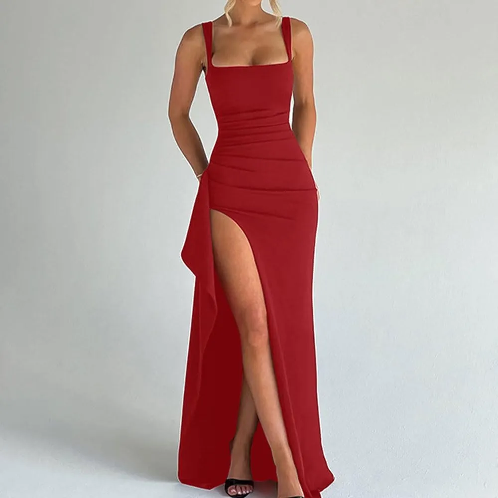 Women Formal Dresses Sleeveless Bodycon Ruched High Slit Sexy Maxi Dress Cocktail Prom