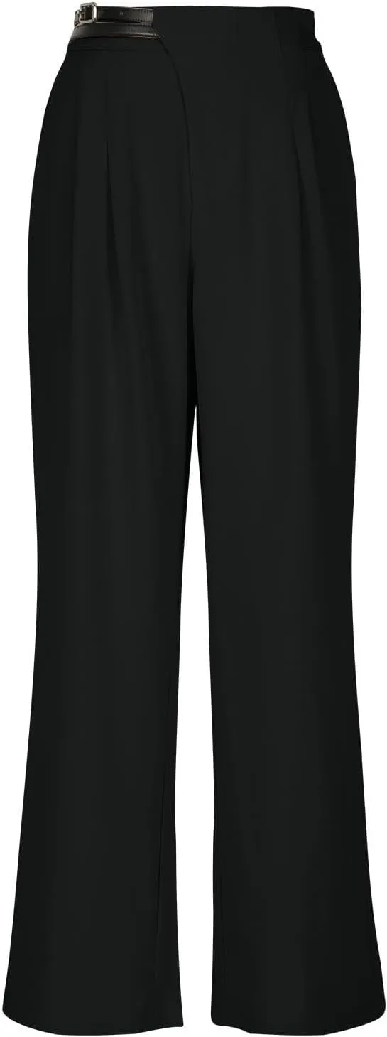 Women High Waist Casual Wide Leg Long Palazzo Pants Trousers Plus Size Irregular Belt Button Work Dress Pants