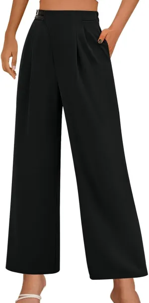 Women High Waist Casual Wide Leg Long Palazzo Pants Trousers Plus Size Irregular Belt Button Work Dress Pants