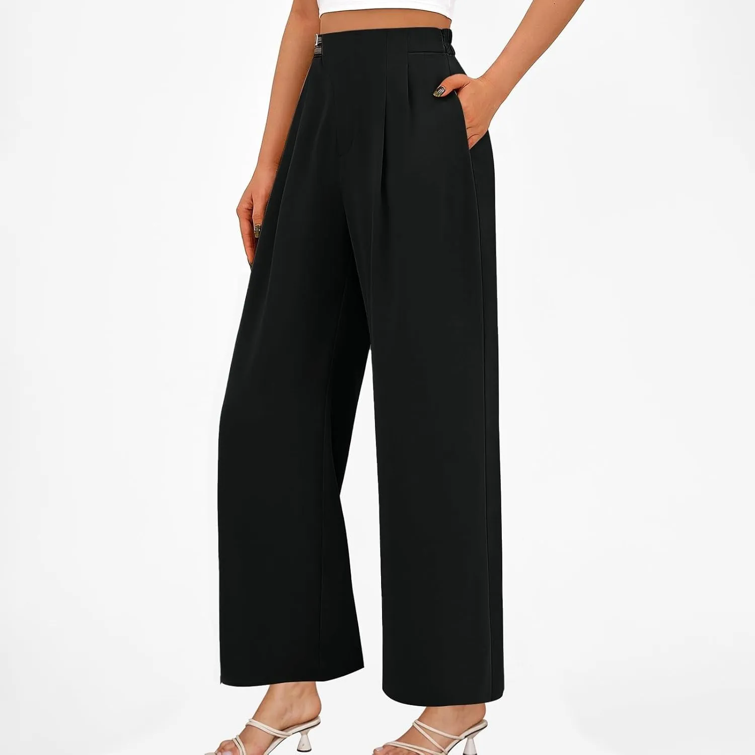 Women High Waist Casual Wide Leg Long Palazzo Pants Trousers Plus Size Irregular Belt Button Work Dress Pants