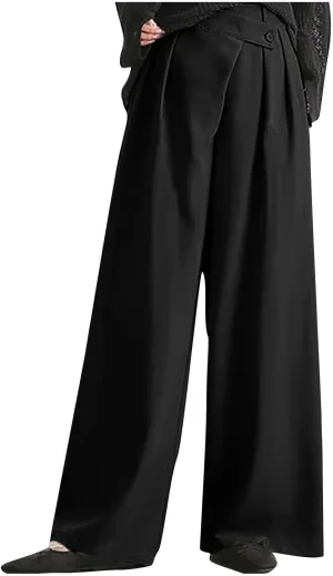 Women High Waist Casual Wide Leg Long Palazzo Pants Trousers Plus Size Irregular Belt Button Work Dress Pants