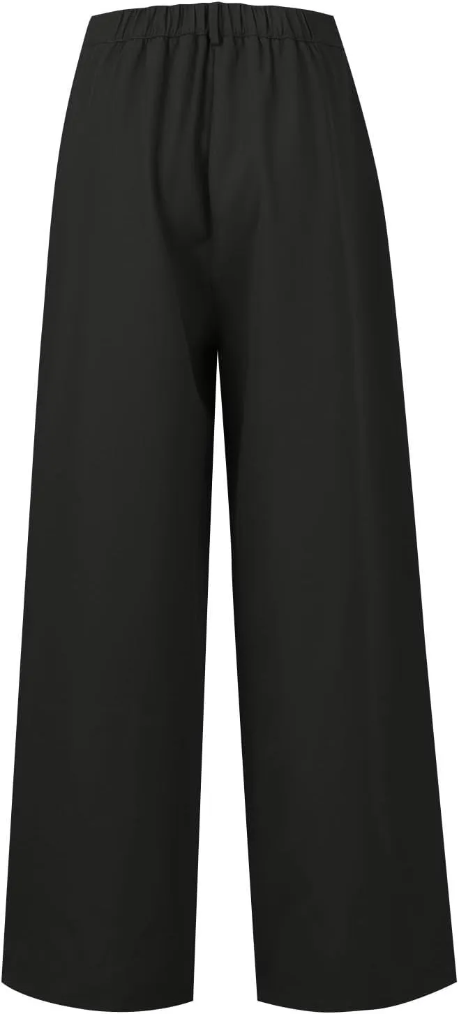 Women High Waist Casual Wide Leg Long Palazzo Pants Trousers Plus Size Irregular Belt Button Work Dress Pants