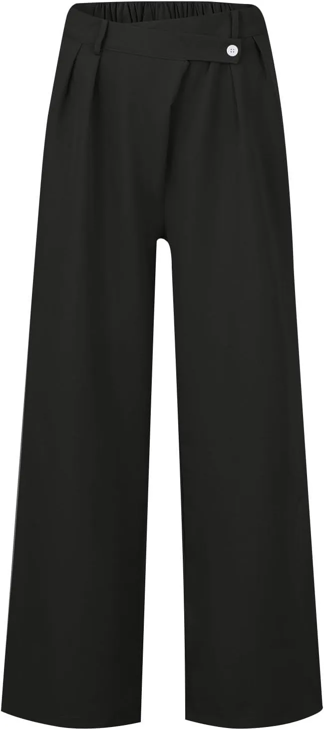 Women High Waist Casual Wide Leg Long Palazzo Pants Trousers Plus Size Irregular Belt Button Work Dress Pants