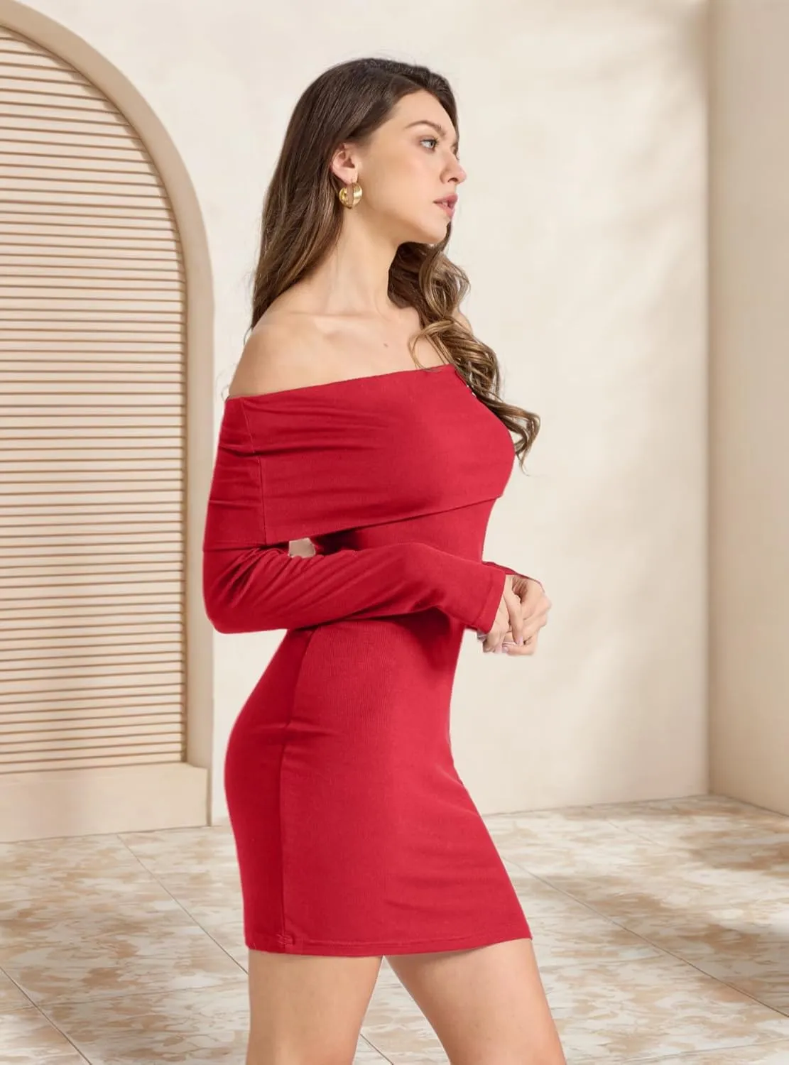 Women Off Shoulder Long Sleeve Bodycon Dress Mini Cocktail Party Wrap Dresses for Women