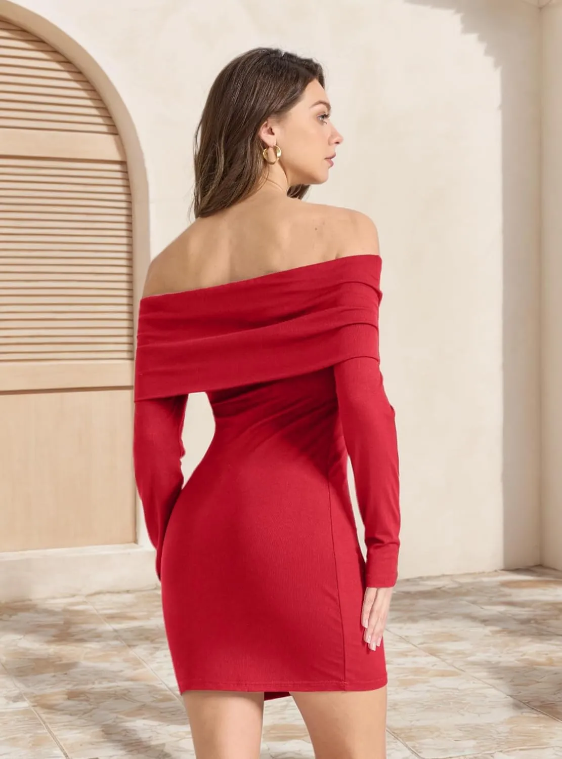 Women Off Shoulder Long Sleeve Bodycon Dress Mini Cocktail Party Wrap Dresses for Women