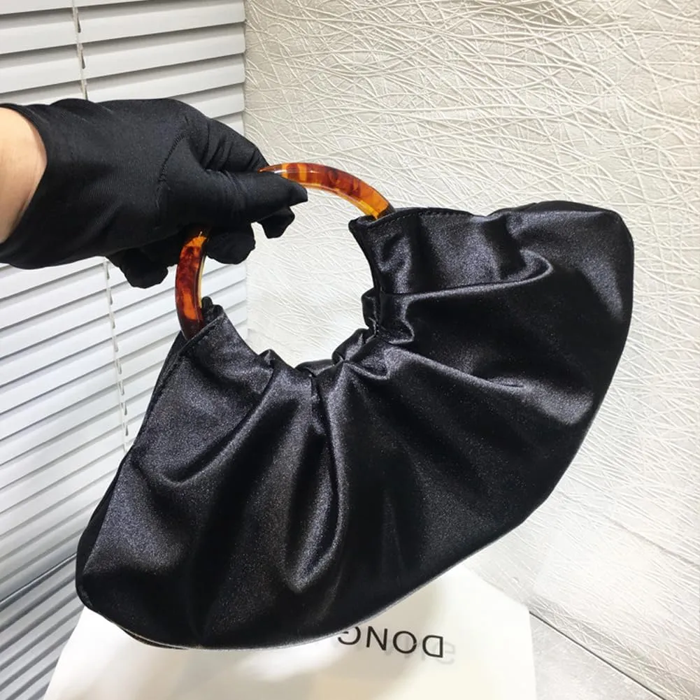 Women Satin Evening Handbag Pleated Satin Clutch Formal Dressy Purses Ruched Hobo Bag for Wedding Prom Cocktail Party