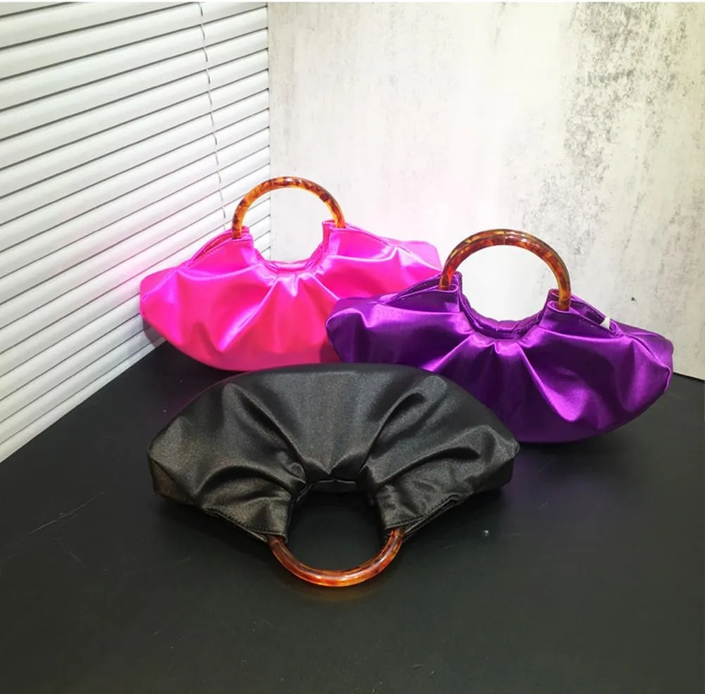 Women Satin Evening Handbag Pleated Satin Clutch Formal Dressy Purses Ruched Hobo Bag for Wedding Prom Cocktail Party