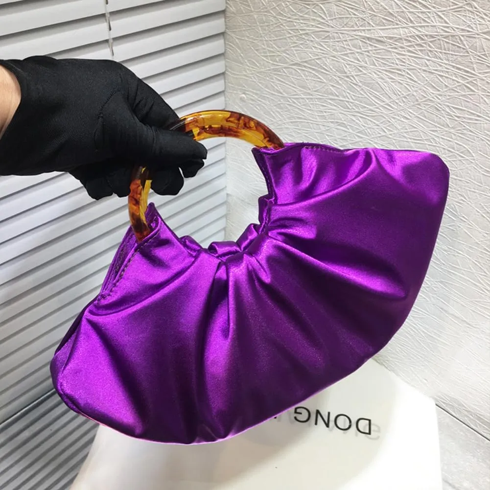 Women Satin Evening Handbag Pleated Satin Clutch Formal Dressy Purses Ruched Hobo Bag for Wedding Prom Cocktail Party