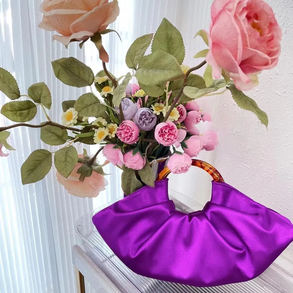 Women Satin Evening Handbag Pleated Satin Clutch Formal Dressy Purses Ruched Hobo Bag for Wedding Prom Cocktail Party