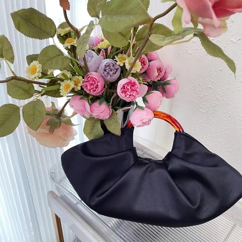 Women Satin Evening Handbag Pleated Satin Clutch Formal Dressy Purses Ruched Hobo Bag for Wedding Prom Cocktail Party