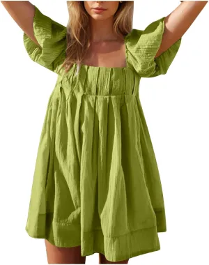 Women Summer Babydoll Dresses Flowy Mini Dress Square Neck Front Pleated Sundresses Back Tie Ruffle Aline Short Dress