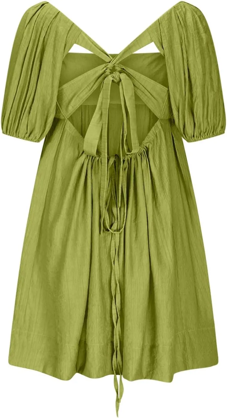 Women Summer Babydoll Dresses Flowy Mini Dress Square Neck Front Pleated Sundresses Back Tie Ruffle Aline Short Dress