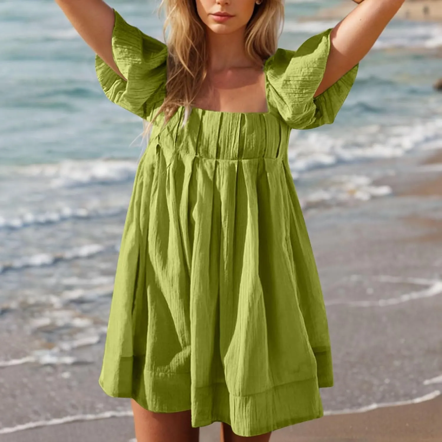 Women Summer Babydoll Dresses Flowy Mini Dress Square Neck Front Pleated Sundresses Back Tie Ruffle Aline Short Dress