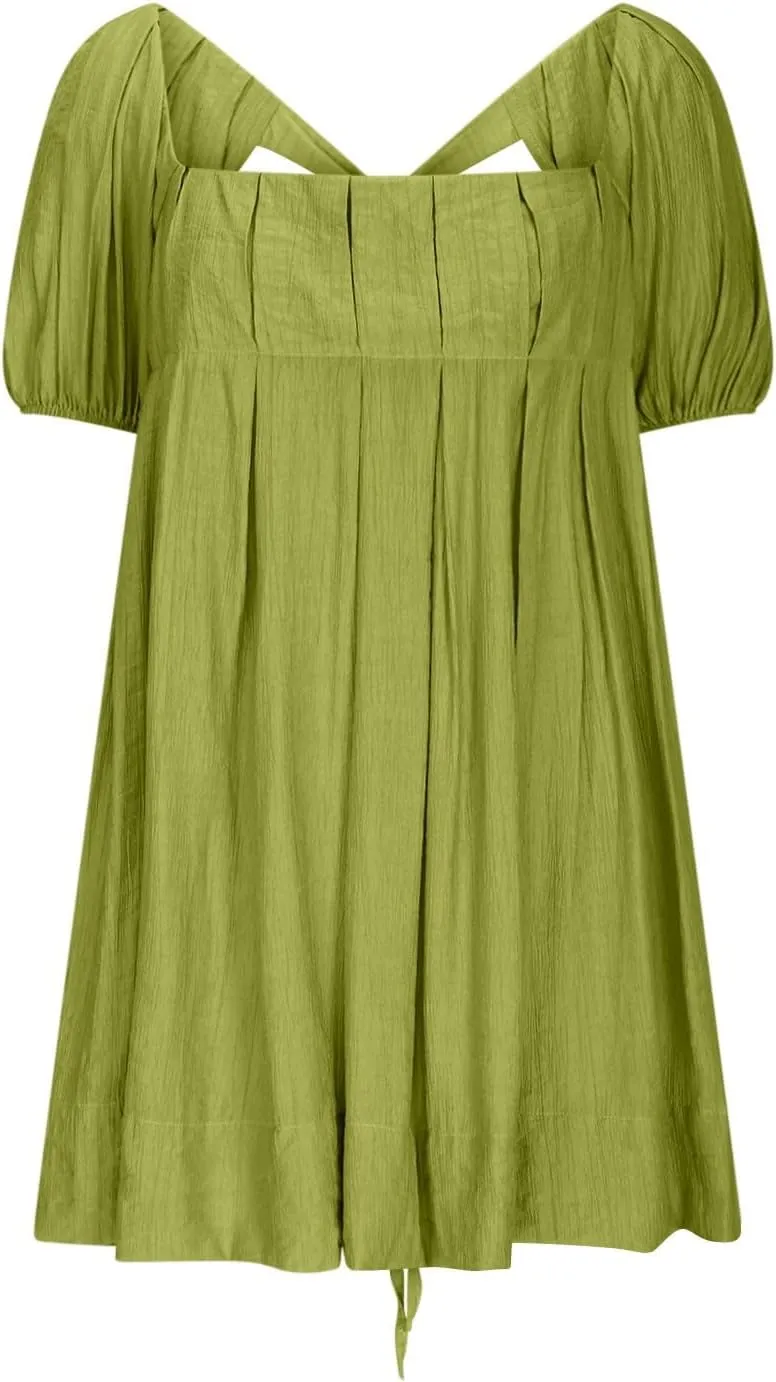 Women Summer Babydoll Dresses Flowy Mini Dress Square Neck Front Pleated Sundresses Back Tie Ruffle Aline Short Dress