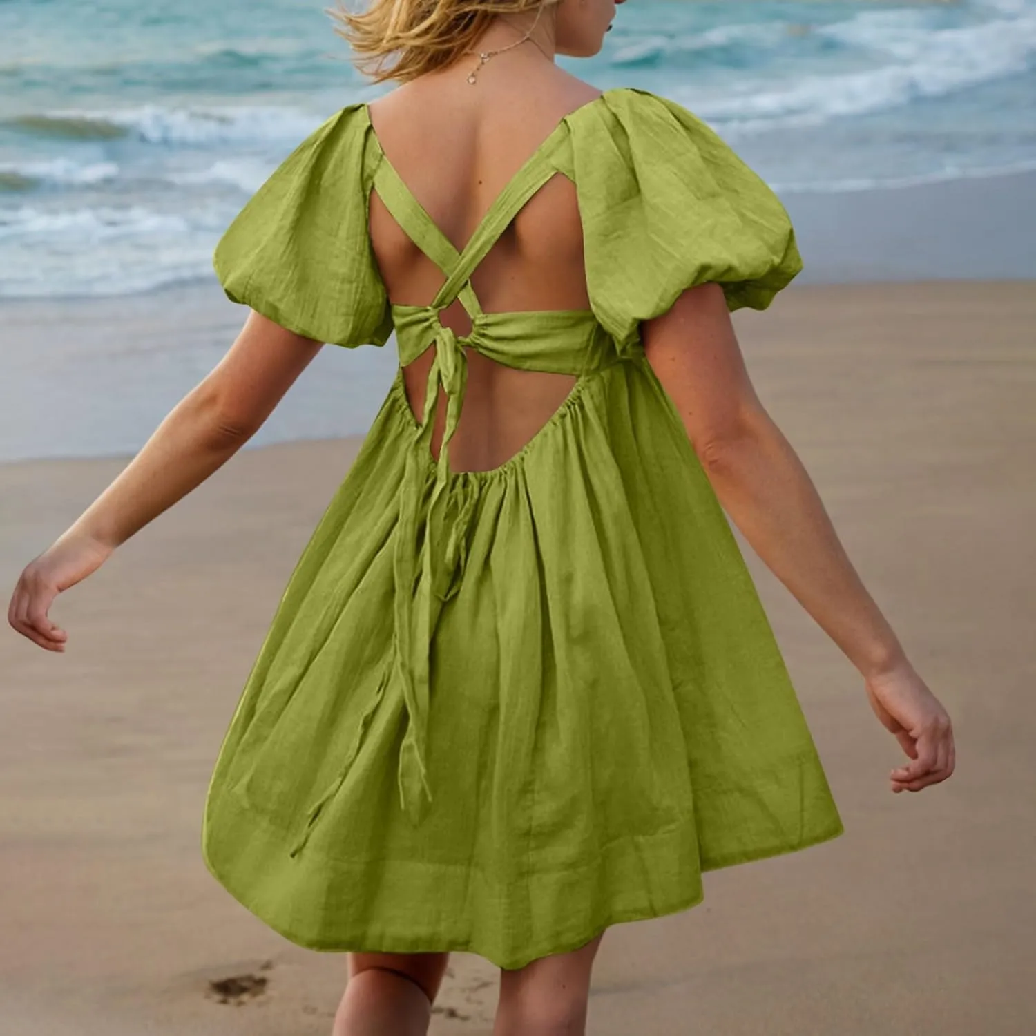 Women Summer Babydoll Dresses Flowy Mini Dress Square Neck Front Pleated Sundresses Back Tie Ruffle Aline Short Dress