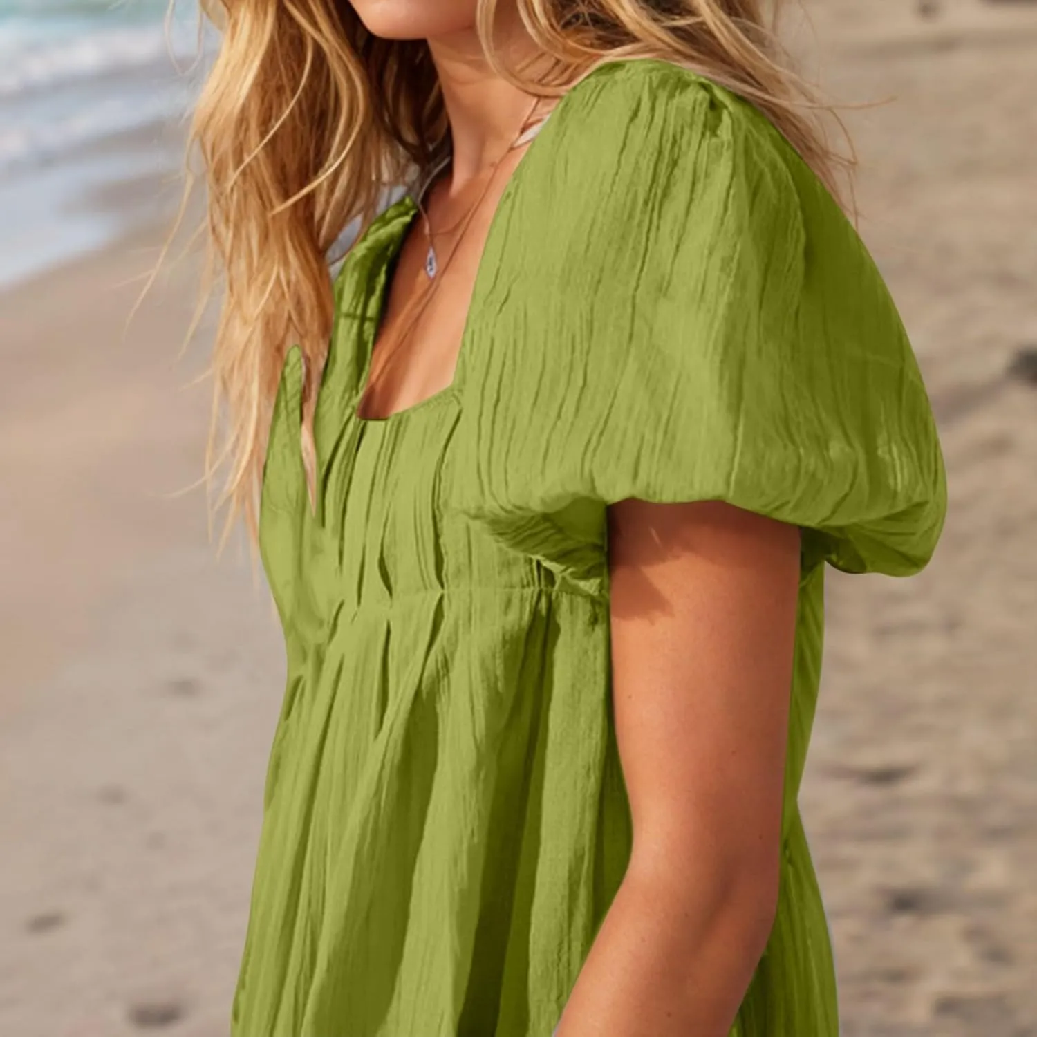 Women Summer Babydoll Dresses Flowy Mini Dress Square Neck Front Pleated Sundresses Back Tie Ruffle Aline Short Dress