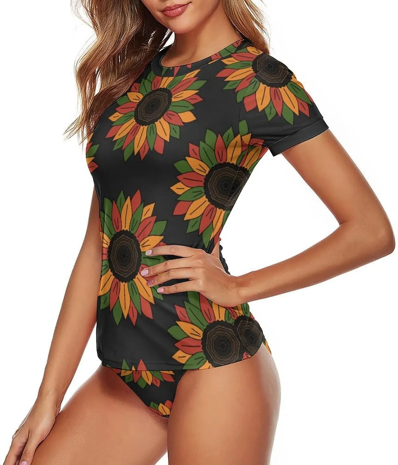 Women Swim Shirt Short Sleeve Rash Guard UV Protection Rashguard Tops Round Neck Bathing Suits