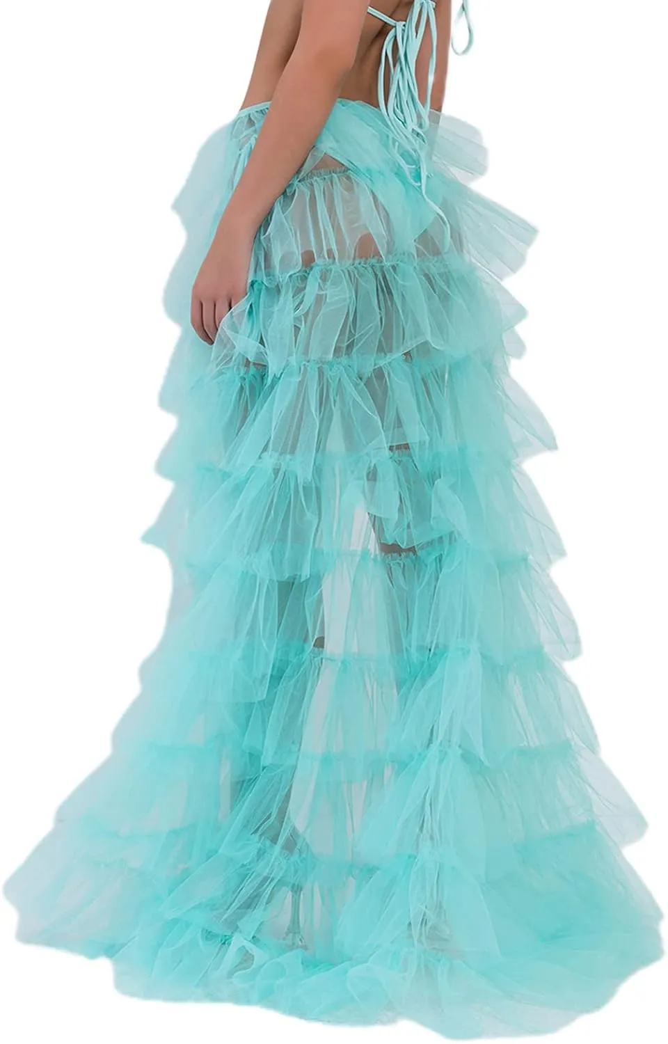 Women Tulle Skirt Floor Length High Waist Sheer Tulle Long Skirt Irregular Hem Lace-Up Puffy Skirt Party Prom Dresses