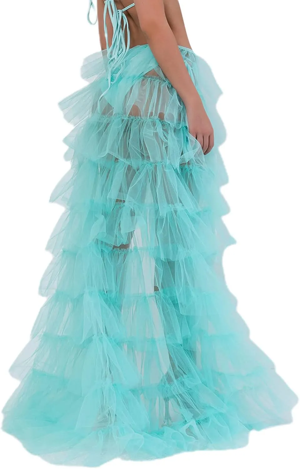 Women Tulle Skirt Floor Length High Waist Sheer Tulle Long Skirt Irregular Hem Lace-Up Puffy Skirt Party Prom Dresses