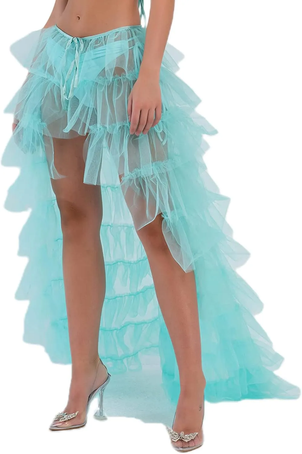 Women Tulle Skirt Floor Length High Waist Sheer Tulle Long Skirt Irregular Hem Lace-Up Puffy Skirt Party Prom Dresses