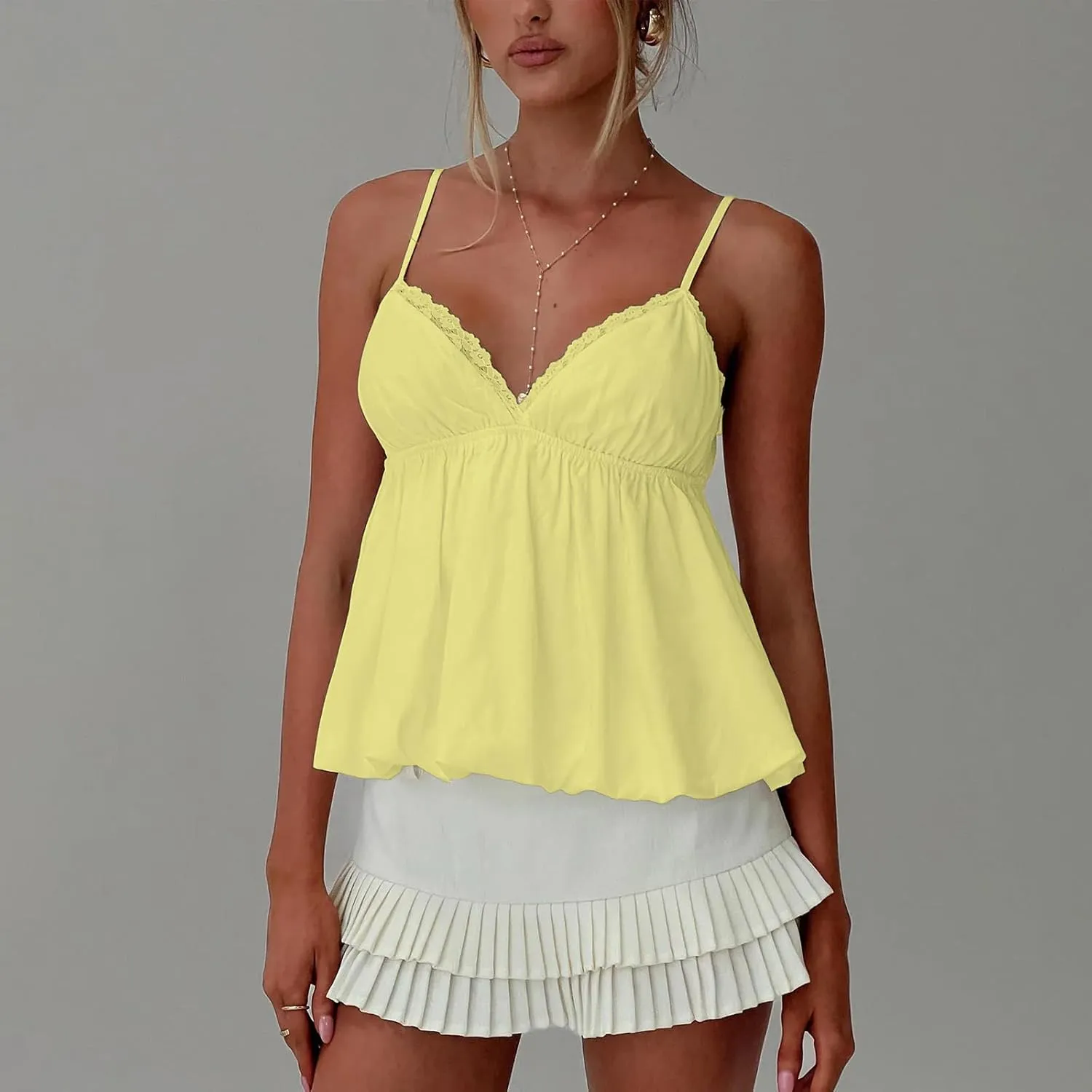 Women Y2K Cami Shirt Sexy V Neck Sleeveless Peplum Crop Top Spaghetti Strap Babydoll Tank Tops Going Out Camisole