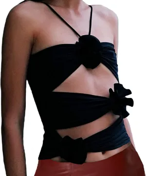 Women Y2k Floral Tank Top 3D Rosette Spaghetti Strap Ruffles Frill Camisole Sleeveless Backless Flower Tube Tops