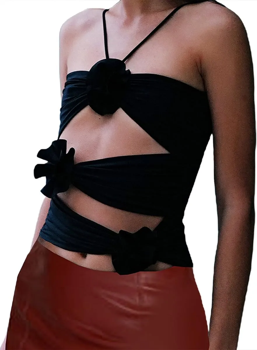 Women Y2k Floral Tank Top 3D Rosette Spaghetti Strap Ruffles Frill Camisole Sleeveless Backless Flower Tube Tops