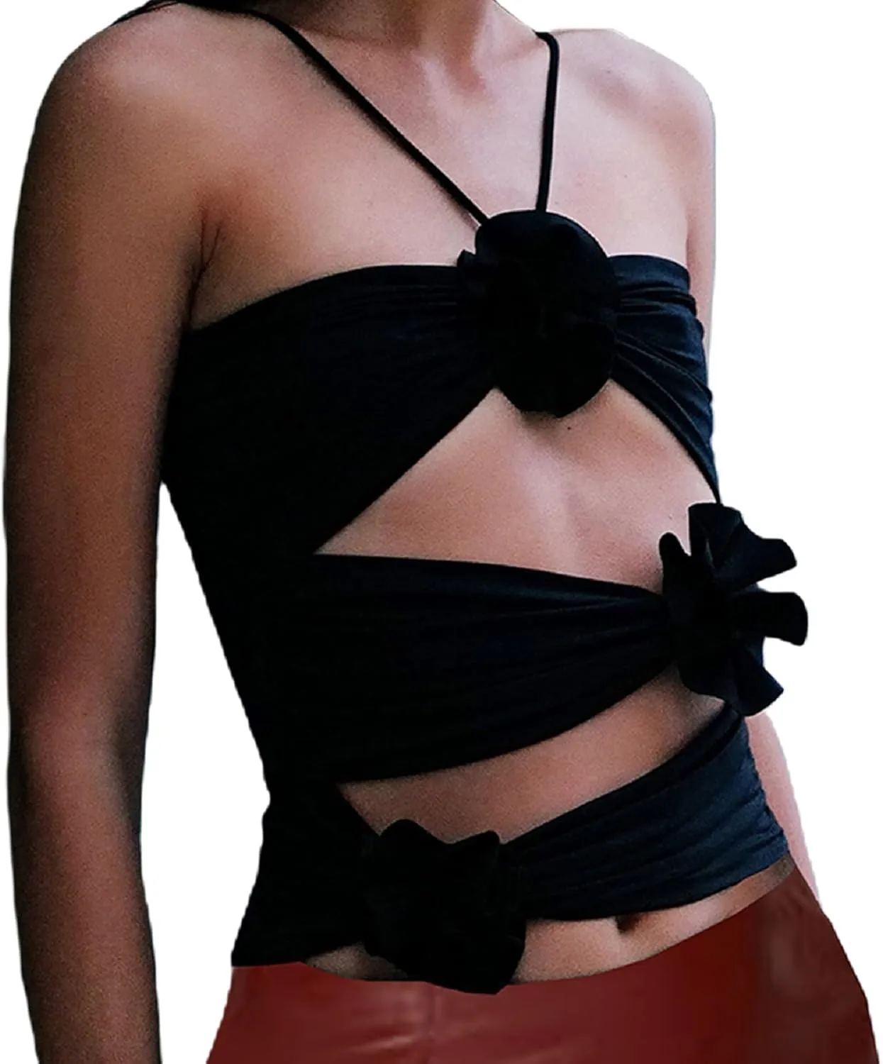 Women Y2k Floral Tank Top 3D Rosette Spaghetti Strap Ruffles Frill Camisole Sleeveless Backless Flower Tube Tops