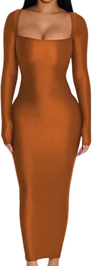 Women's 2024 Fall Maxi Dress Sexy Square Neck Long Sleeve Back Slit Bodycon Party Club Long Dresses