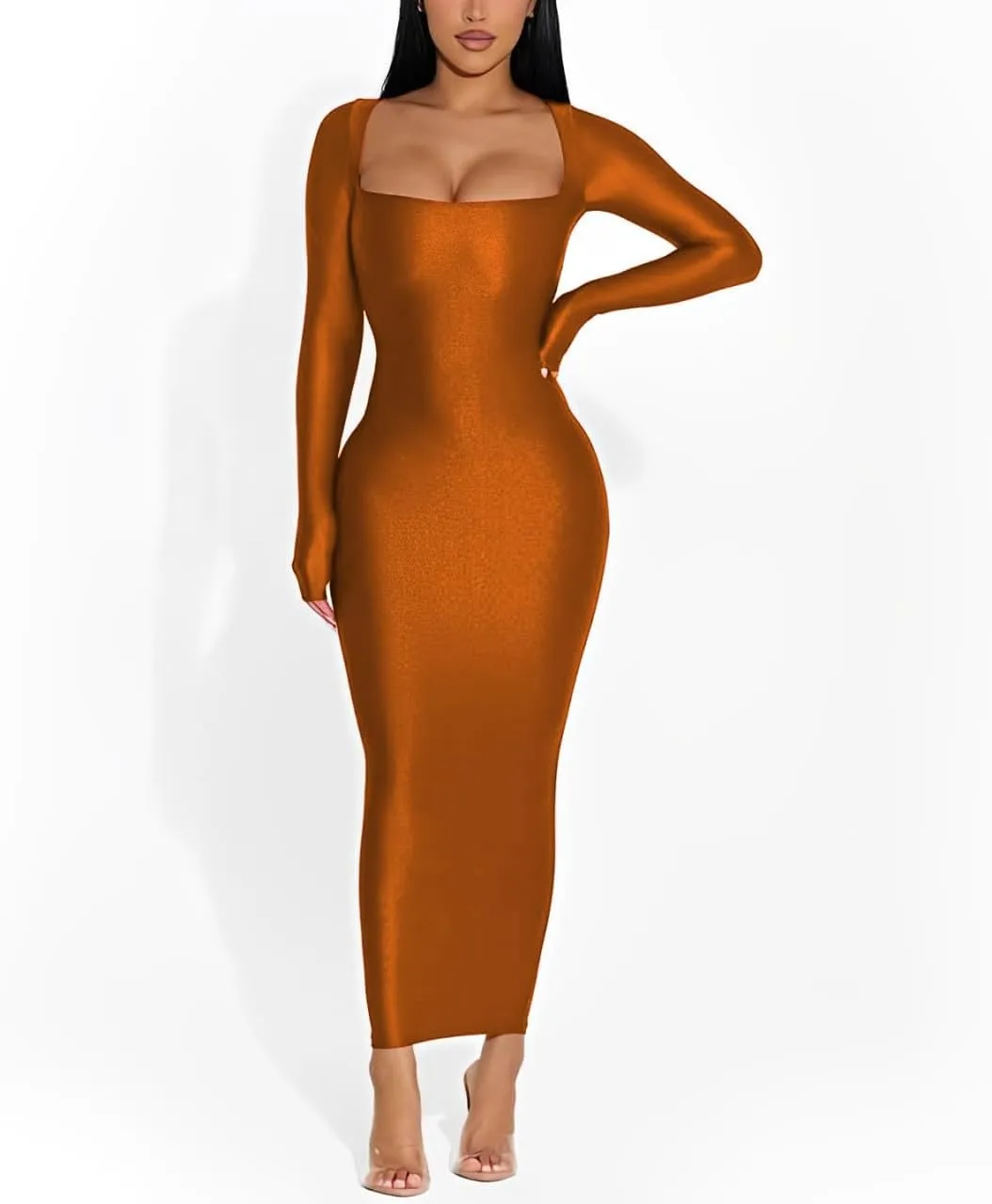 Women's 2024 Fall Maxi Dress Sexy Square Neck Long Sleeve Back Slit Bodycon Party Club Long Dresses